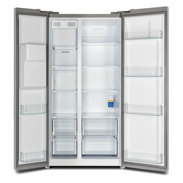Front view of the Forno 36-inch side-by-side refrigerator with water dispenser and both doors open, revealing spacious interior compartments with adjustable glass shelves, clear bins, and LED lighting for organized, well-lit food storage.