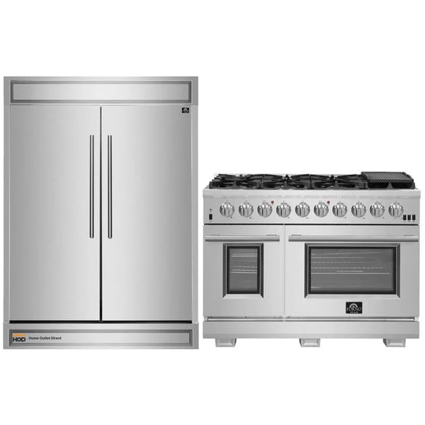 Front view of the FORNO 2-Piece Appliance Package featuring a 48-inch stainless steel gas range with 8 burners and dual ovens, paired with a 60-inch built-in pro-style refrigerator, both showcasing professional-grade construction and a cohesive, modern kitchen aesthetic.