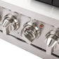 Close-up detail of the stainless steel control knobs on the FORNO 48-inch gas range from the 2-Piece Appliance Package, showing clearly labeled burner and oven controls with a professional-grade finish and textured grip for enhanced precision and usability.