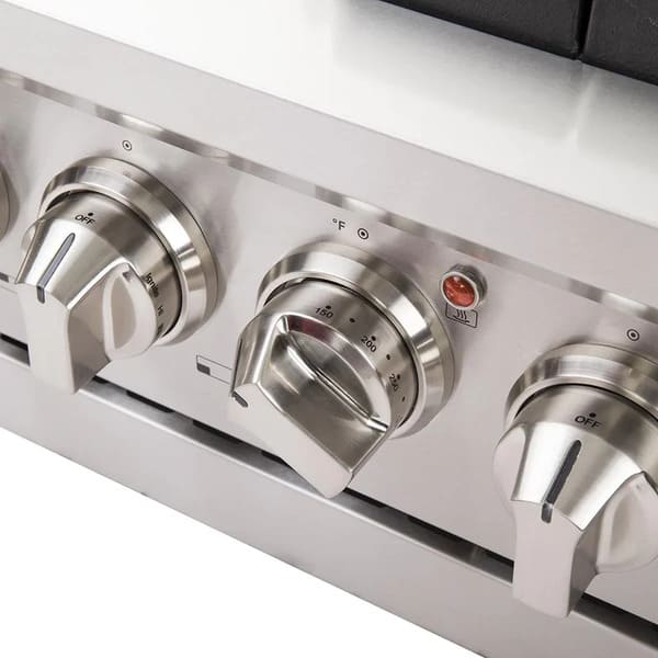 Close-up detail of the stainless steel control knobs on the FORNO 48-inch gas range from the 2-Piece Appliance Package, showing clearly labeled burner and oven controls with a professional-grade finish and textured grip for enhanced precision and usability.