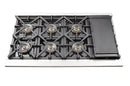 Top view of the cooktop on the FORNO 48-inch gas range from the 2-Piece Appliance Package, featuring 8 sealed burners with heavy-duty cast iron grates and a stainless steel surface—designed for powerful, even heat distribution and professional-level cooking performance.