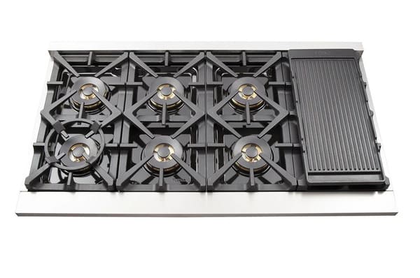 Top view of the cooktop on the FORNO 48-inch gas range from the 2-Piece Appliance Package, featuring 8 sealed burners with heavy-duty cast iron grates and a stainless steel surface—designed for powerful, even heat distribution and professional-level cooking performance.