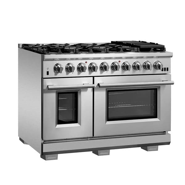 Front left angled view of the FORNO 48-inch gas range from the 2-Piece Appliance Package, showcasing the 8-burner cooktop, dual oven doors with large glass windows, and durable stainless steel construction with pro-style knobs and handles for a commercial-grade kitchen look.