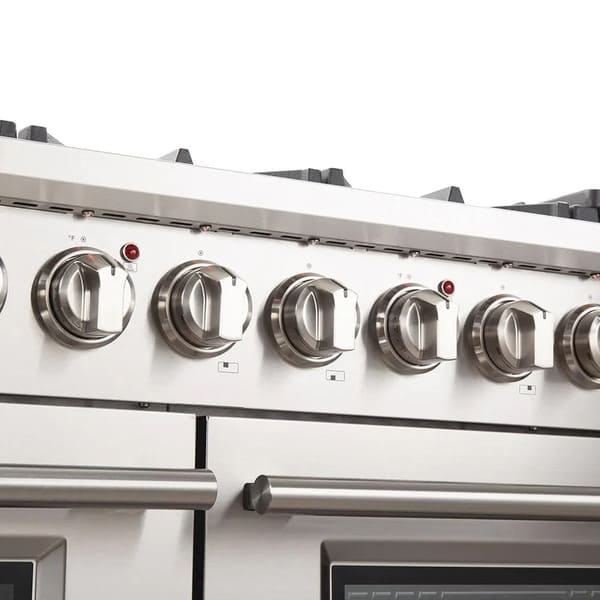 Close-up view of the control knobs on the FORNO 48-inch gas range from the 2-Piece Appliance Package, featuring large, pro-style stainless steel knobs with clearly marked burner and oven settings for precise temperature control and a commercial-grade appearance.