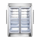 Front view of the FORNO 60-inch built-in pro-style refrigerator from the 2-Piece Appliance Package with both doors open, revealing spacious stainless steel interiors with adjustable glass shelves, door bins, and organized storage compartments designed for high-capacity food preservation.