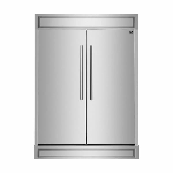 Front view of the FORNO 60-inch built-in pro-style refrigerator from the 2-Piece Appliance Package, featuring a side-by-side stainless steel design with vertical bar handles and a bold, commercial-inspired aesthetic for modern kitchens.