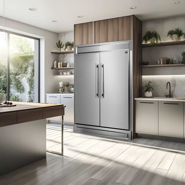 Lifestyle kitchen scene showcasing the FORNO 60‑inch built‑in pro‑style refrigerator from the 2‑Piece Appliance Package, seamlessly integrated into modern cabinetry with sleek stainless steel doors and vertical handles, flanked by upscale décor and abundant natural lighting for a premium, professional look.