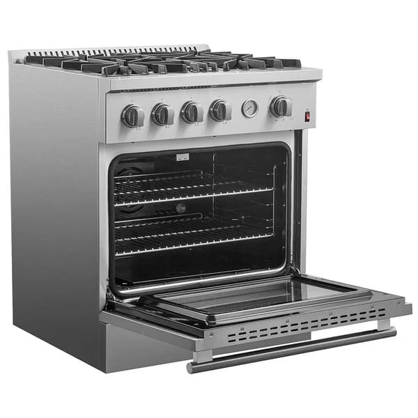 Left-angled view of the FORNO 30-inch gas range with the oven door open, highlighting the interior oven space, adjustable racks, and professional stainless steel exterior.
