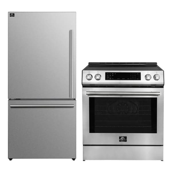 FORNO 2-piece appliance package featuring a 30-inch induction range and a 31-inch right-hinge refrigerator in stainless steel, offering a modern, energy-efficient kitchen setup with sleek, coordinated design.