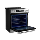 Front left-angled view of the FORNO 30-inch induction range in stainless steel with the oven door open, showcasing the spacious oven interior, adjustable racks, and modern exterior design.