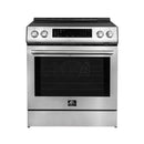 Front view of the FORNO 30-inch induction range in stainless steel, featuring a sleek glass cooktop, stainless steel control knobs, and a large oven door with a viewing window.