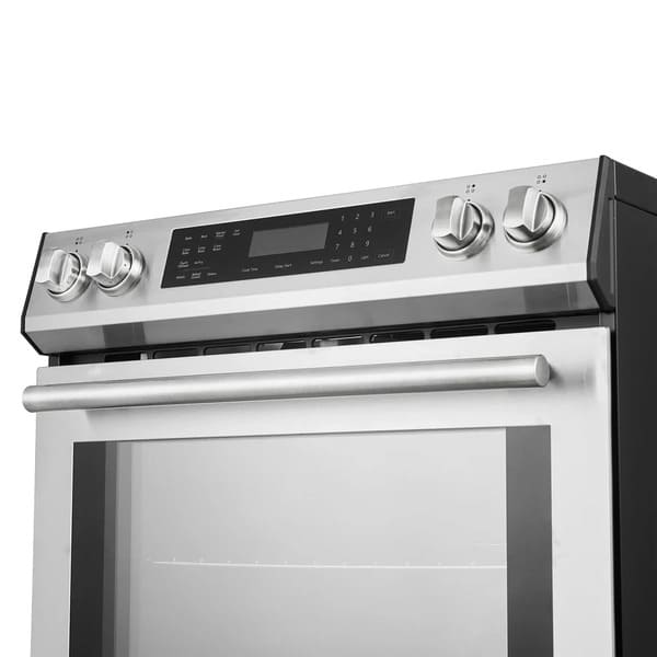 Close-up of the control knobs on the FORNO 30-inch induction range in stainless steel, featuring a polished metal finish and clearly labeled settings for precise cooking control.