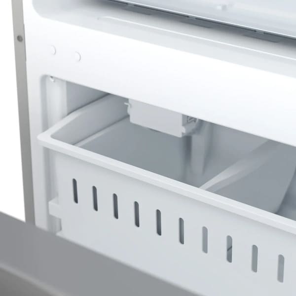 Close-up view of the FORNO 31-inch right-hinge refrigerator in stainless steel, showcasing the smooth metallic finish, minimalist design, and precision-crafted handle detailing.