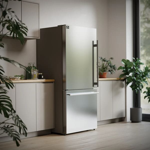 Lifestyle view of the FORNO 31-inch right-hinge refrigerator in stainless steel, elegantly integrated into a contemporary kitchen with cabinetry, countertops, and ambient lighting.