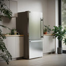 Lifestyle view of the FORNO 31-inch right-hinge refrigerator in stainless steel, elegantly integrated into a contemporary kitchen with cabinetry, countertops, and ambient lighting.