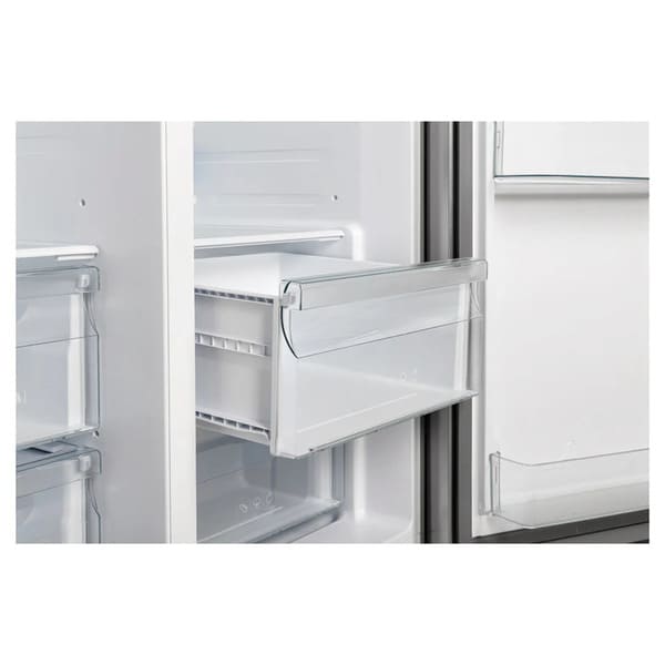 Close-up view of the open drawers inside the FORNO 36-inch refrigerator with water dispenser in stainless steel, showcasing the transparent storage bins and ample space for organizing fresh produce and perishables.