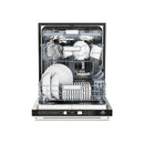 Front view of the FORNO 24-inch built-in dishwasher with the door open, showing the stainless-steel interior, adjustable racks, and spacious loading capacity.
