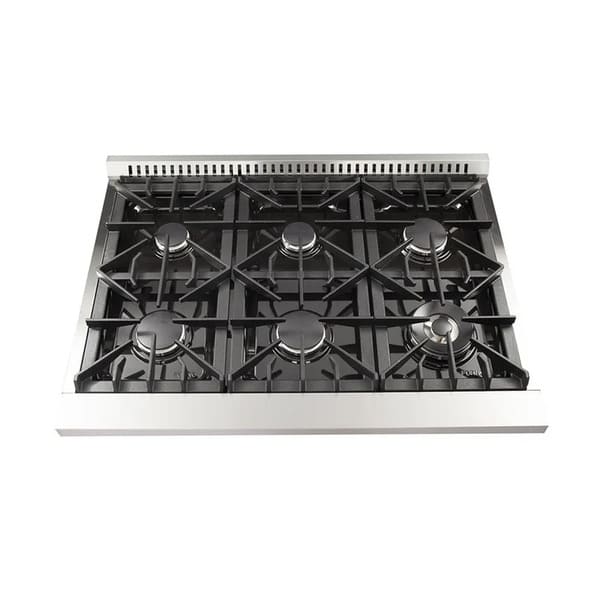 Top view of the FORNO 36-inch gas range cooktop showcasing six Italian burners, heavy-duty cast iron grates, and a sleek stainless steel surface—designed for high-performance cooking.