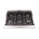 Top view of the FORNO 36-inch gas range cooktop showcasing six Italian burners, heavy-duty cast iron grates, and a sleek stainless steel surface—designed for high-performance cooking.