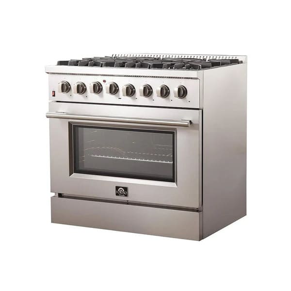 Right angle view of the FORNO 36-inch gas range showcasing stainless steel body, oven door, and side panel—part of the 3-piece kitchen appliance package.