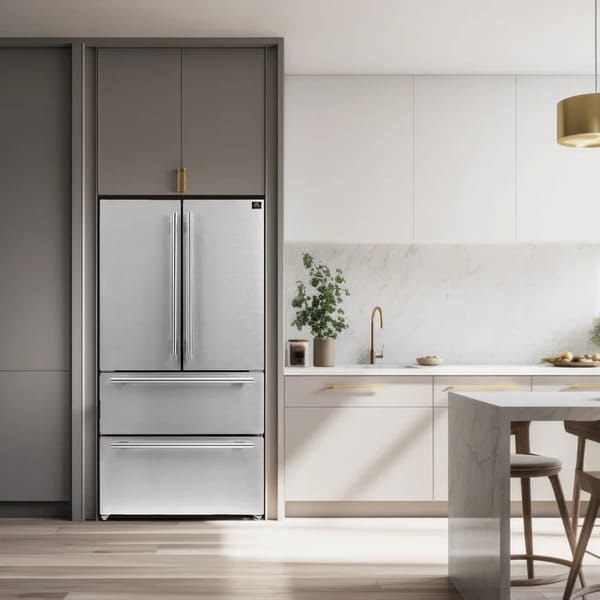 FORNO 36-inch French door refrigerator shown in a modern kitchen setting, part of the 3-piece stainless steel appliance package, blending seamlessly with contemporary décor.