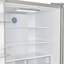 Close-up view of the interior shelves in the FORNO 36-inch French door refrigerator, showcasing adjustable glass shelves and ample storage space—part of the FORNO 3-piece stainless steel appliance package.