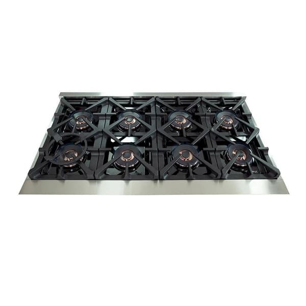Top view of the cooktop on the FORNO 48-inch Capriasca gas range from the 3-Piece Appliance Package, featuring 8 sealed burners with heavy-duty cast iron grates and a stainless steel surface—designed for precision heat control and professional-grade culinary performance.