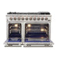 Front view of the FORNO 48-inch Capriasca gas range from the 3-Piece Appliance Package with both oven doors open, revealing spacious stainless steel interiors, multiple rack positions, and convection fan systems—engineered for high-capacity, professional-style cooking.