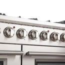 Close-up view of the stainless steel control knobs on the FORNO 48-inch Capriasca gas range from the 3-Piece Appliance Package, showcasing pro-style rotary dials with clearly marked settings for precise control over each burner and oven function.