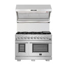 Front view of the FORNO 3-Piece Appliance Package featuring a 48-inch gas range with 8 burners and dual ovens, paired with the FORNO Savona 48-inch stainless steel wall mount range hood, combining commercial-grade performance with sleek, modern design.
