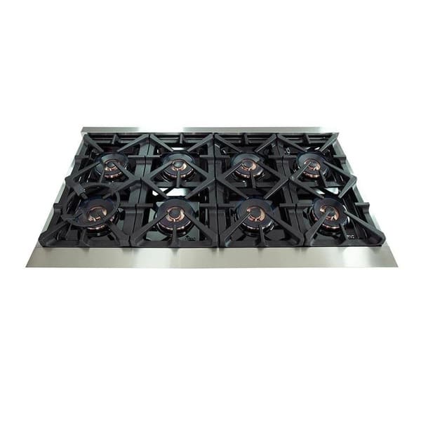 Top view of the cooktop on the FORNO 48-Inch Gas Range from the 3-Piece Appliance Package, featuring 8 high-performance burners with continuous cast iron grates and stainless steel surface for powerful, versatile cooking.