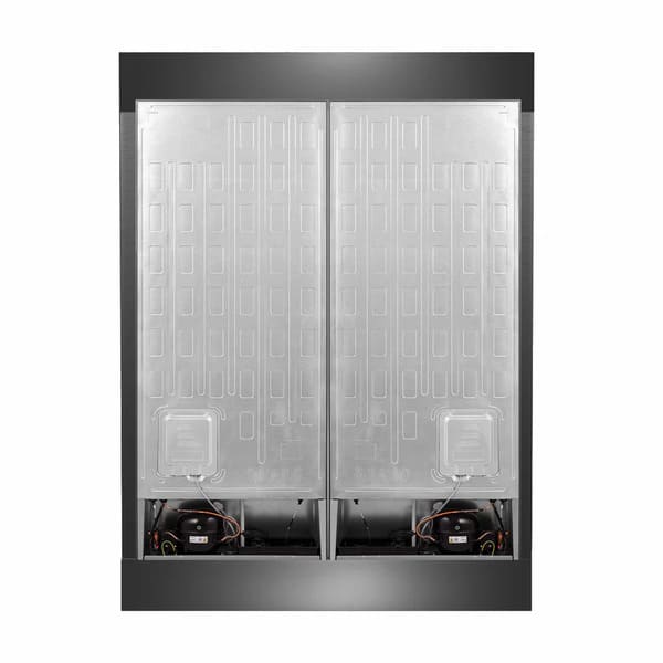 Rear view of the FORNO pro-style refrigerator from the 3-Piece Appliance Package, showing the appliance’s ventilation system, power cord access, and durable metal back panel designed for efficient installation and long-term reliability in a built-in kitchen setup.