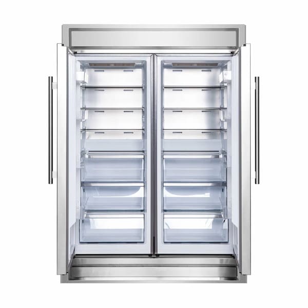 Front view of the FORNO pro-style refrigerator from the 3-Piece Appliance Package with both doors open, revealing a spacious interior layout with adjustable shelves, clear drawers, and door bins—designed for organized, high-capacity food storage in a modern kitchen.