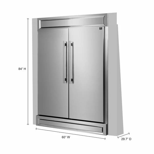 Front right angled view of the FORNO pro-style refrigerator from the 3-Piece Appliance Package, featuring side-by-side stainless steel doors, pro-style vertical handles, and a clean, professional design ideal for modern built-in kitchen installations.