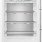 Close-up view of an interior glass shelf inside the FORNO pro-style refrigerator from the 3-Piece Appliance Package, showcasing adjustable height options, stainless steel trim, and a spacious design ideal for organized food storage.