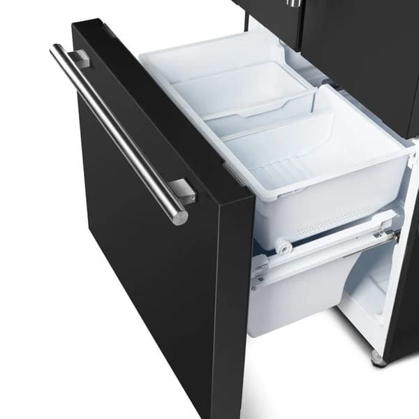 Angled front view of the FORNO 30-Inch French Door Refrigerator in Black with the bottom freezer drawer open, showcasing multiple compartments for efficient and organized frozen food storage.