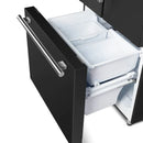 Angled front view of the FORNO 30-Inch French Door Refrigerator in Black with the bottom freezer drawer open, showcasing multiple compartments for efficient and organized frozen food storage.
