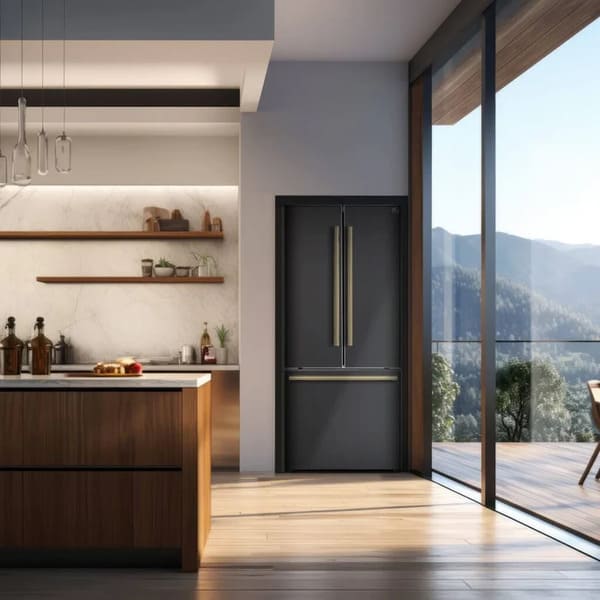 Lifestyle image of the FORNO 30-Inch French Door Refrigerator in Black, integrated into a contemporary kitchen setting, highlighting its sleek matte black finish and modern design.