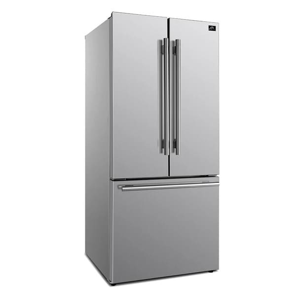 FORNO 30-inch French door refrigerator in stainless steel, angled view highlighting the depth, contoured doors, and integrated handles.