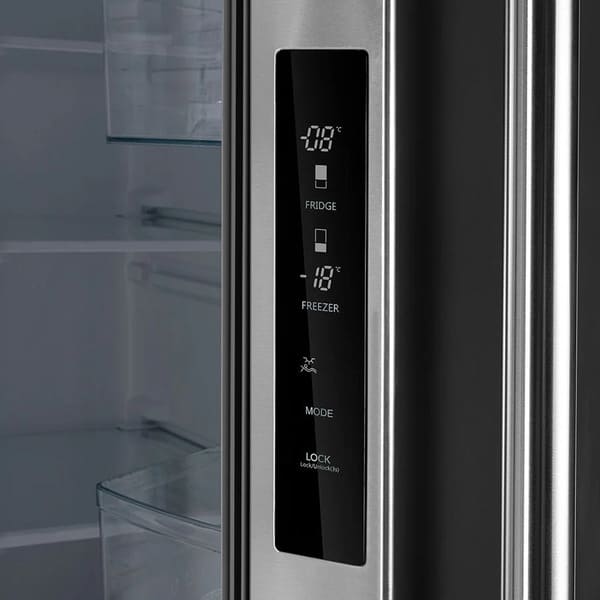 Close-up of the control panel on the FORNO 30-inch French door refrigerator in stainless steel, displaying temperature settings, function indicators, and digital touch controls.
