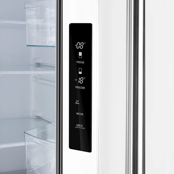 Close-up of the control panel inside the FORNO 30-Inch French Door Refrigerator in White, featuring digital temperature settings and touch controls for easy operation.