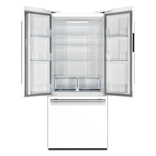 Front view of the FORNO 30-Inch French Door Refrigerator in White with both doors open, revealing spacious interior shelving, crisper drawers, and door storage compartments.