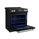 Angled front view of the FORNO 30-Inch Induction Range in Black with the oven door open, showcasing the large oven cavity, adjustable racks, and modern black exterior design.