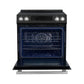 Front view of the FORNO 30-Inch Induction Range in Black with the oven door open, revealing a spacious interior with multiple rack positions and a convection fan for even heat distribution.