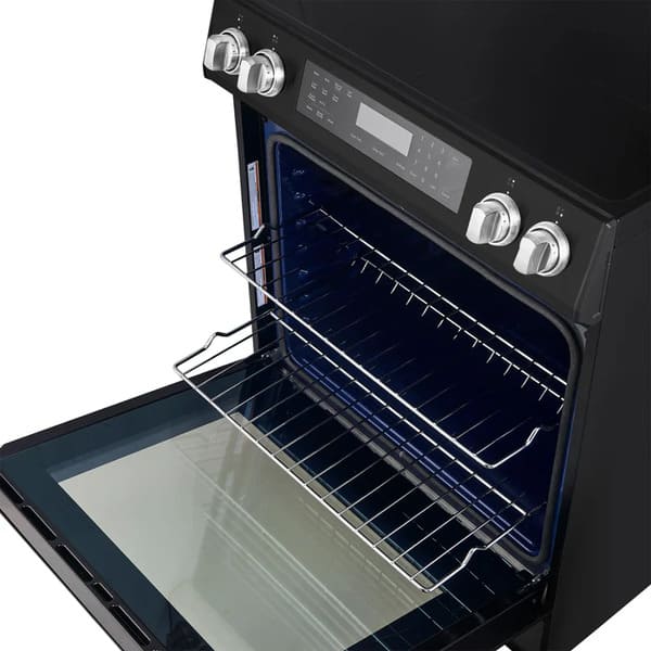 Interior view of the FORNO 30-Inch Induction Range in Black, displaying multiple adjustable oven racks and a spacious cavity designed for flexible cooking and baking needs.