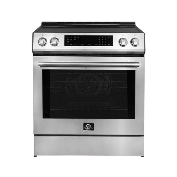 Front view of the FORNO 30-inch induction range in stainless steel, showcasing the sleek cooktop, control knobs, and oven door.