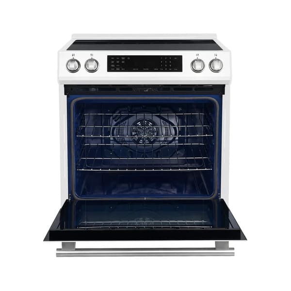 Front view of the FORNO 30-Inch Induction Range in White with the oven door open, revealing the spacious interior with multiple rack positions and convection fan.