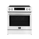 Front view of the FORNO 30-Inch Induction Range in White, featuring a smooth glass cooktop, stainless steel control knobs, and a spacious oven with a large viewing window.