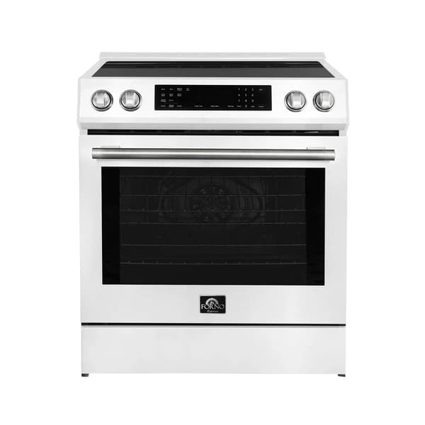 Front view of the FORNO 30-Inch Induction Range in White, featuring a smooth glass cooktop, stainless steel control knobs, and a spacious oven with a large viewing window.