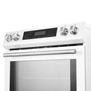 Close-up of the control knobs on the FORNO 30-Inch Induction Range in White, featuring stainless steel finishes and clearly marked settings for precise cooking control.
